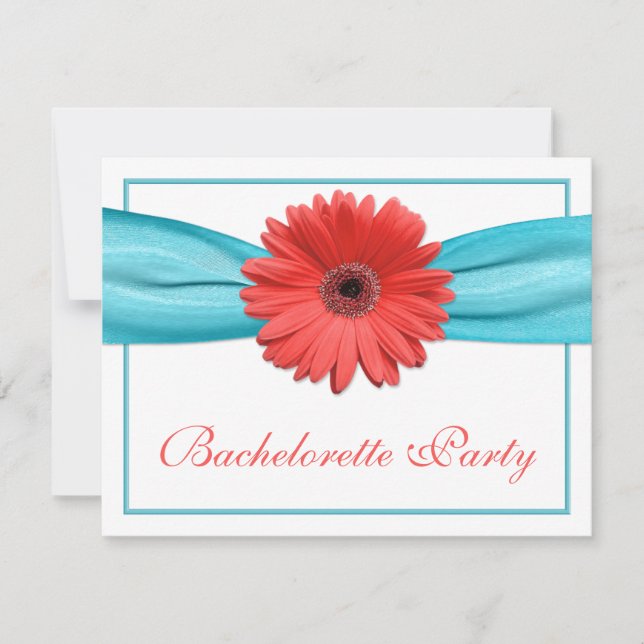 Invitation Coral Gerbera Daisy Aqua Ribbon Bachelorette (Devant)