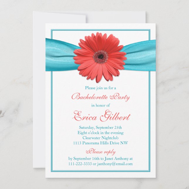 Invitation Coral Gerbera Daisy Aqua Ribbon Bachelorette (Devant)