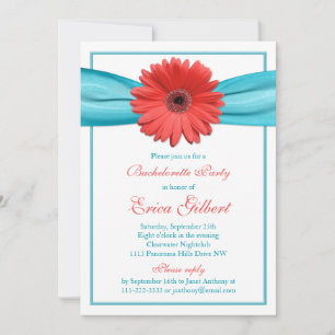 Invitation Coral Gerbera Daisy Aqua Ribbon Bachelorette