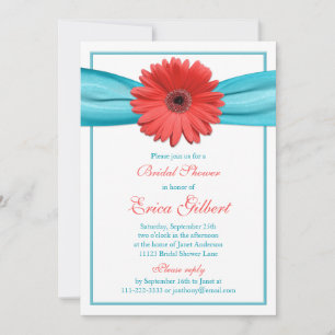 Invitation Coral Gerbera Daisy Aqua Ribbon Fête des mariées