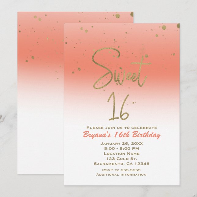 Invitation Coral & Gold Moderne Glam Fête d'anniversaire SWEE (Devant / Derrière)