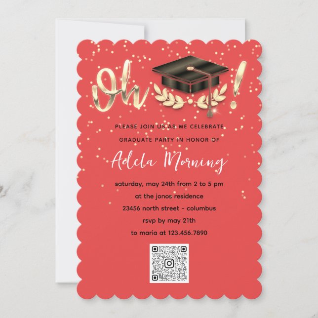 Invitation Coral Golden Confetti Graduate Party QR Code (Devant)