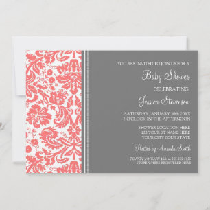 Invitation Coral Grey Damask Douche pour bébés sur mesure Inv