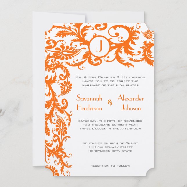 Invitation Coral & Grey Orange Mariage damassé (Devant)