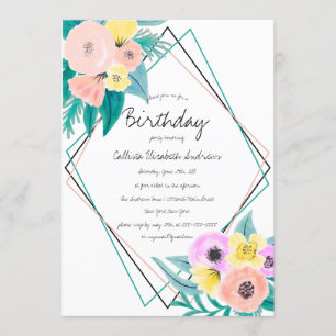 Invitation Coral Jaune Floral Aquarelle Geo Frame Anniversair
