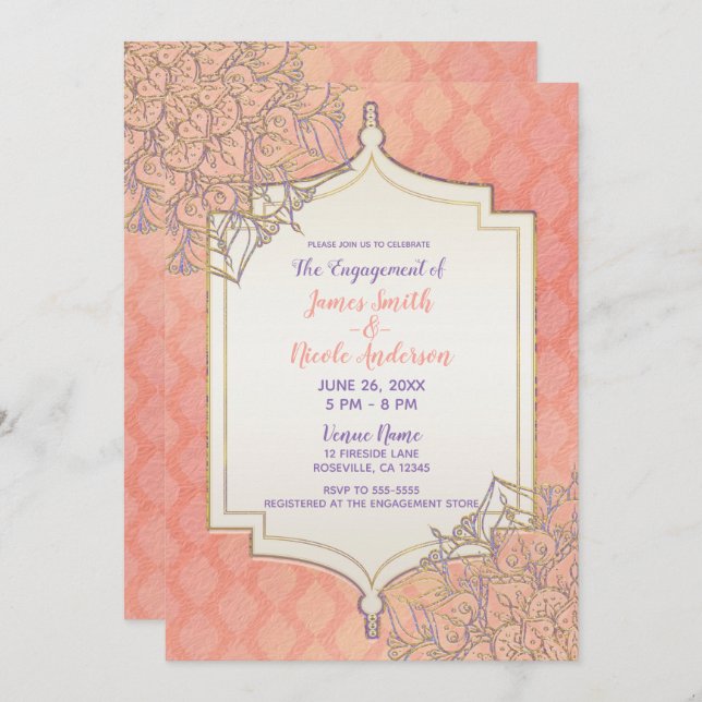 Invitation Coral Lavender Gold Fiançailles indien marocain (Devant / Derrière)