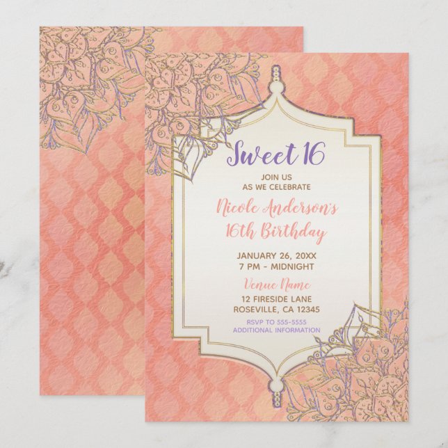 Invitation Coral Lavender Or Marocain Glam Sweet 16 Party (Devant / Derrière)