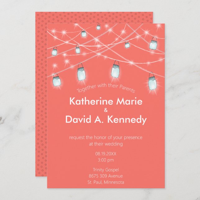 Invitation Coral mariage Mason Jar String Lumière N'importe q (Devant / Derrière)