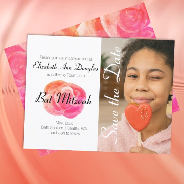 Invitation Coral mignon Orange, Rose Bat mitzvah Enregistrer  (Coral Orange, Pink Rose Simple Save the Date Bat Mitzvah Invitation, Cute Simple Budget Invite)