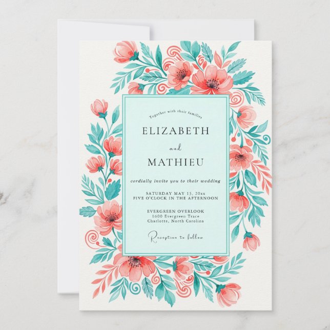 Invitation Coral Mint Lively Floral Wedding (Devant)