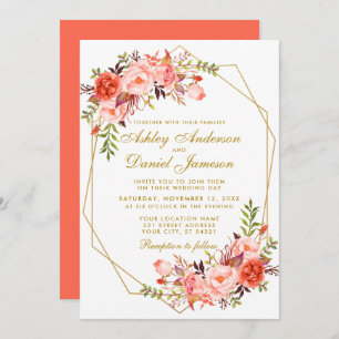 Invitation Coral moderne Floral et Mariage or géométrique
