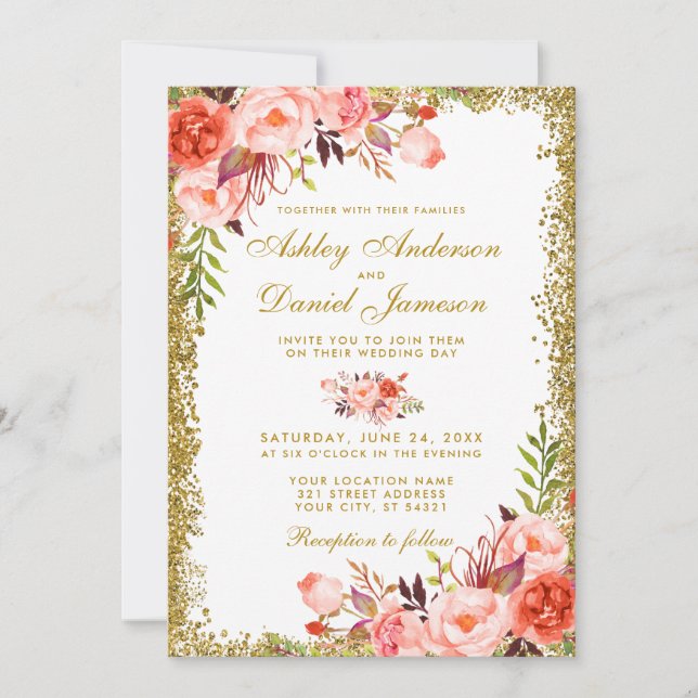 Invitation Coral moderne Floral Mariage Gold Parties scintill (Devant)