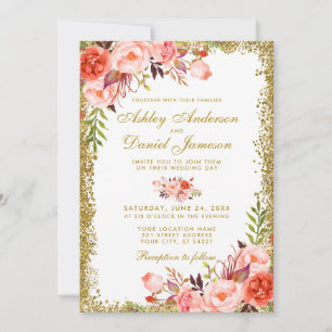 Invitation Coral moderne Floral Mariage Gold Parties scintill