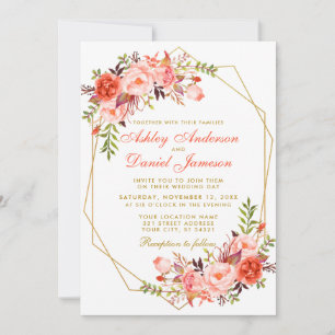 Invitation Coral moderne Floral or Mariage géométrique W