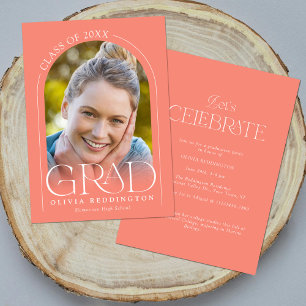 Invitation Coral Moderne Minimale Arc Photo Grad Party