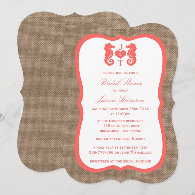 Invitation Coral Monogram Seahorse Beach Burlap Fête des mari (Devant / Derrière)