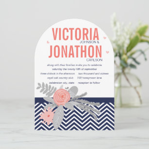 Invitation Coral Navy et Coral Zig Zag et Mariage Floral