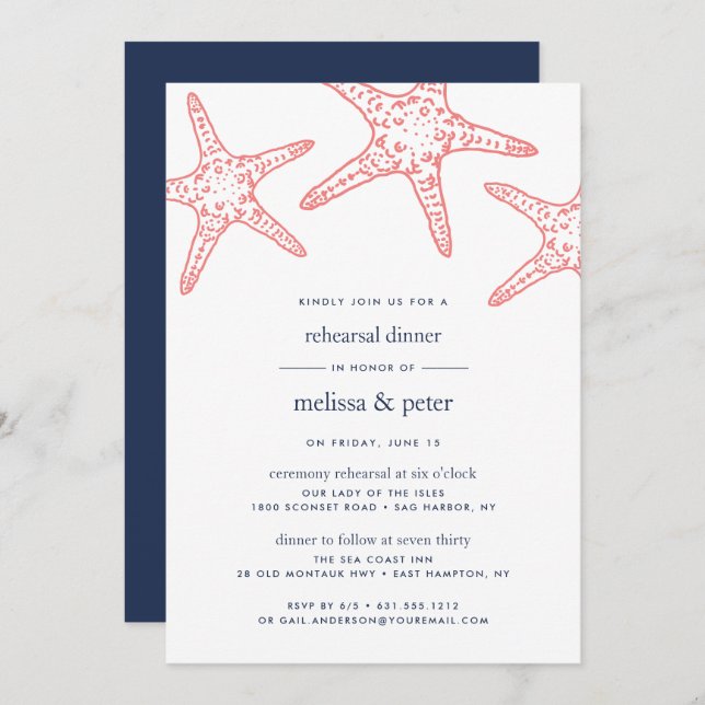 Invitation Coral & Navy Starfish Dîner de répétition Invitati (Devant / Derrière)
