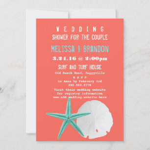 Invitation Coral Orange et Blue Beach Shells Wedding shower