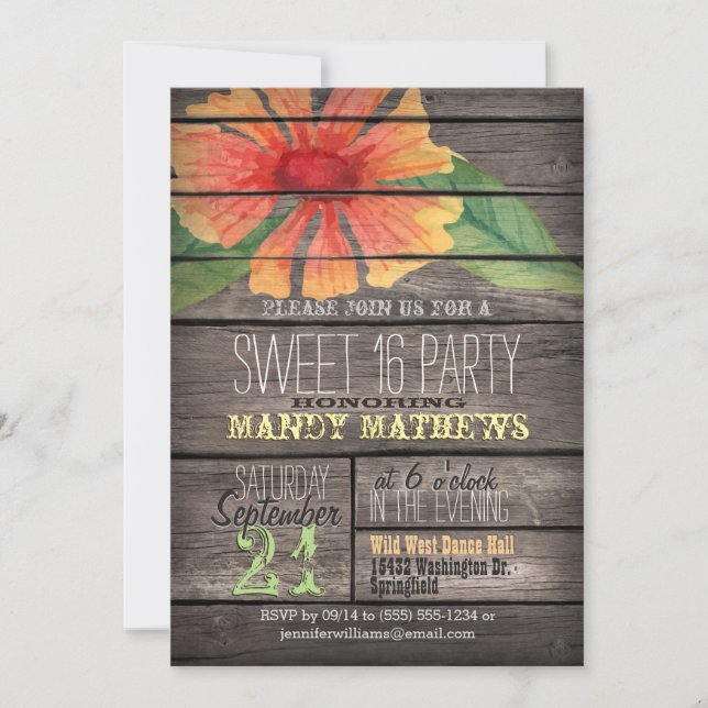 Invitation Coral Orange Fleur; Rustic Wood Sweet 16 Party (Devant)