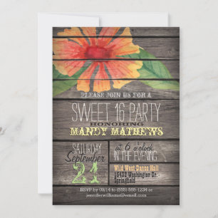 Invitation Coral Orange Fleur; Rustic Wood Sweet 16 Party