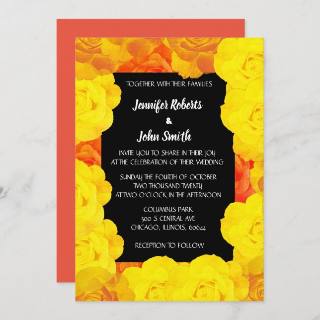 Invitation Coral Orange Jaune Floral Noir Code QR Mariage (Devant / Derrière)