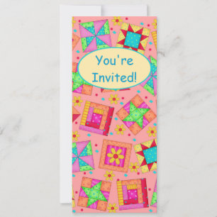 Invitation Coral Orange Patchwork Quilt Block Art