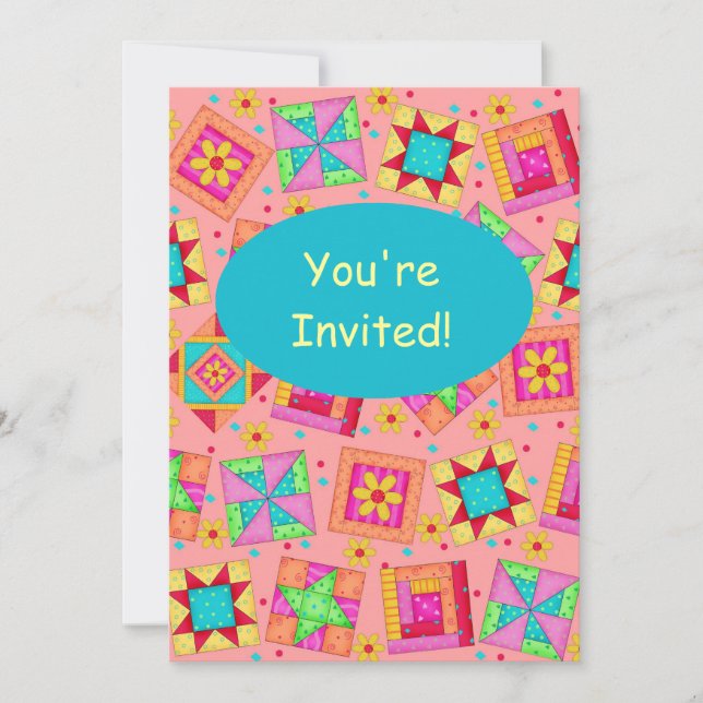 Invitation Coral Orange Patchwork Quilt Block Art (Devant)