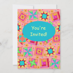Invitation Coral Orange Patchwork Quilt Block Art