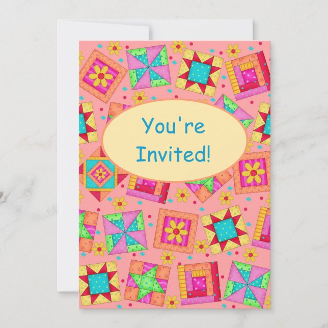 Invitation Coral Orange Patchwork Quilt Block Art (Devant)