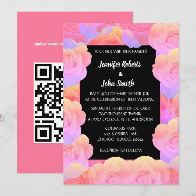 Invitation Coral Orange rose noir Floral Code QR Mariage (Devant / Derrière)