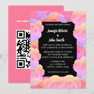 Invitation Coral Orange rose noir Floral Code QR Mariage