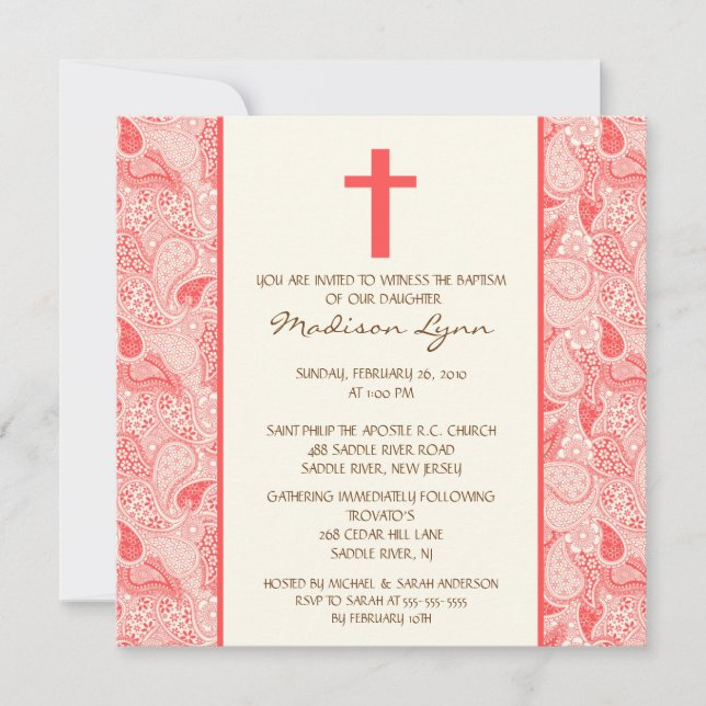 Invitation Coral PAISLEY Baby Girl Baptisée Inviation (Devant)