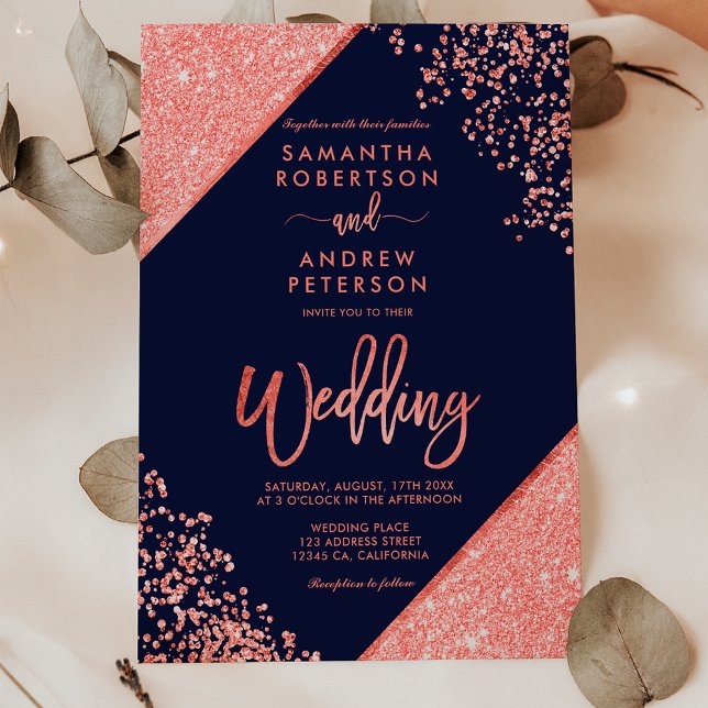 Invitation Coral parties scintillant confetti chic marine ble (Coral glitter confetti chic navy blue wedding invitation)