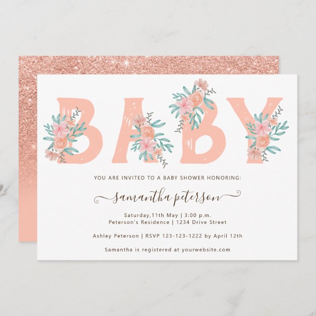 Invitation Coral parties scintillant d'aquarelle fleurie baby (Devant / Derrière)