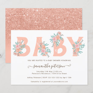 Invitation Coral parties scintillant d'aquarelle fleurie baby