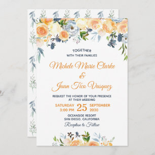 Invitation Coral Peach Marine Aquarelle bleu Mariage floral