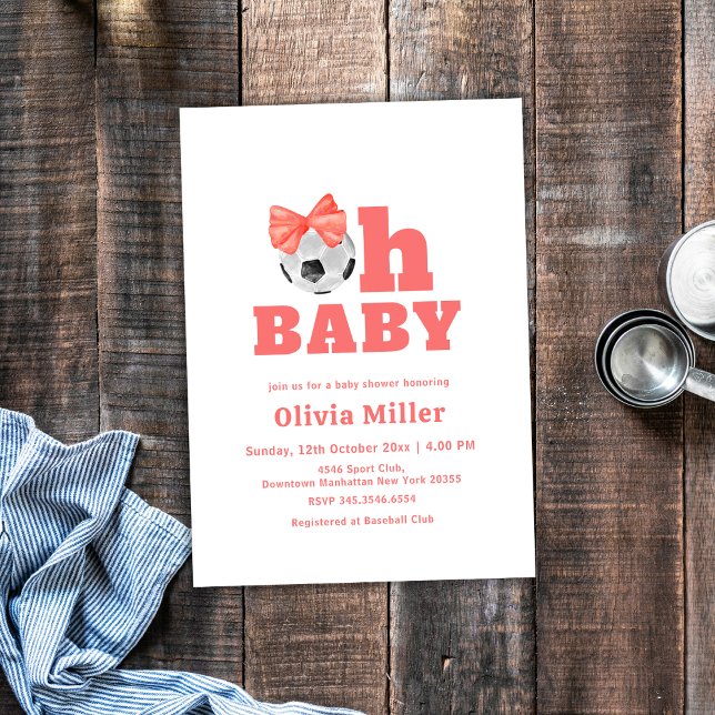 Invitation Coral Peach Oh Baby Bow Soccer Sport Baby Shower (Coral Peach Oh Baby Bow Soccer Sport Baby Shower Invitation)