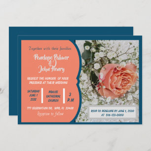 Invitation Coral Peach Turquoise White Floral Rose