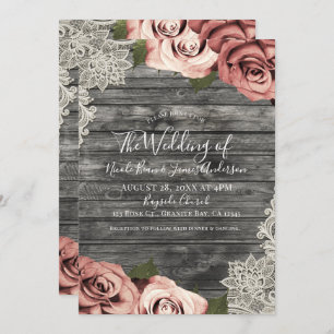 Invitation Coral Pêche Rose Gris Rustique Mariage dentelle en