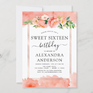 Invitation Coral Pêche Sweet sixteen floral 16 Anniversaire