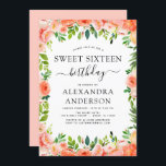Invitation Coral Pêche Sweet sixteen floral 16 Anniversaire<br><div class="desc">Corail,  Pêche et blanc Floral et Eucalyptus Vert Botanique Printemps ou Été Pastel Sweet sixteen (16e) Anniversaire Fête Invitations - comprend une belle et élégante typographie script avec des fleurs botaniques modernes et la verdure pour la célébration spéciale Anniversaire.</div>