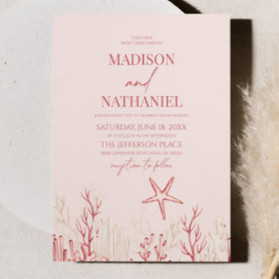 Invitation Coral Pink Sea Shell Ocean Beach Mariage
