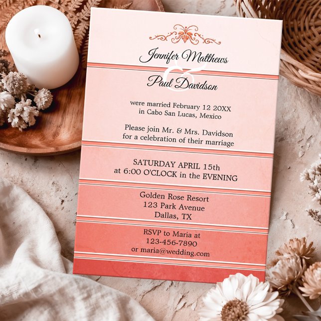 Invitation Coral Pink Ton sur Ton Mariage de poste rayé (After wedding or post wedding invitation featuring a ton sur ton coral and pink striped design)