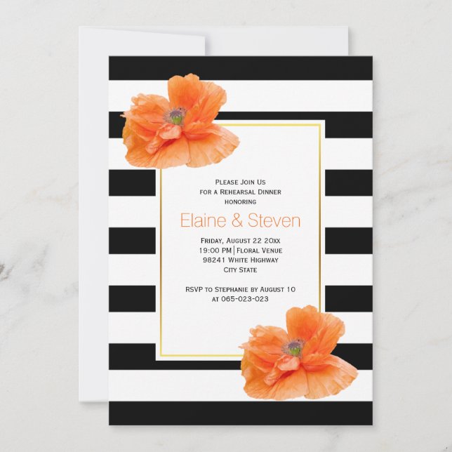 Invitation Coral poppies noir blanc mariage dîner de répétiti (Devant)