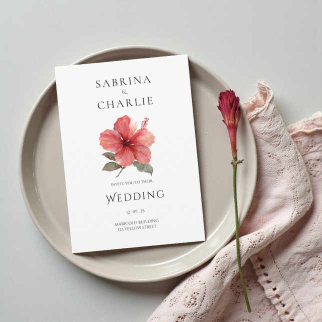 Invitation Coral Red Hibiscus Floral Tropical Wedding (Coral Red Hibiscus Floral Tropical Wedding Invitation)