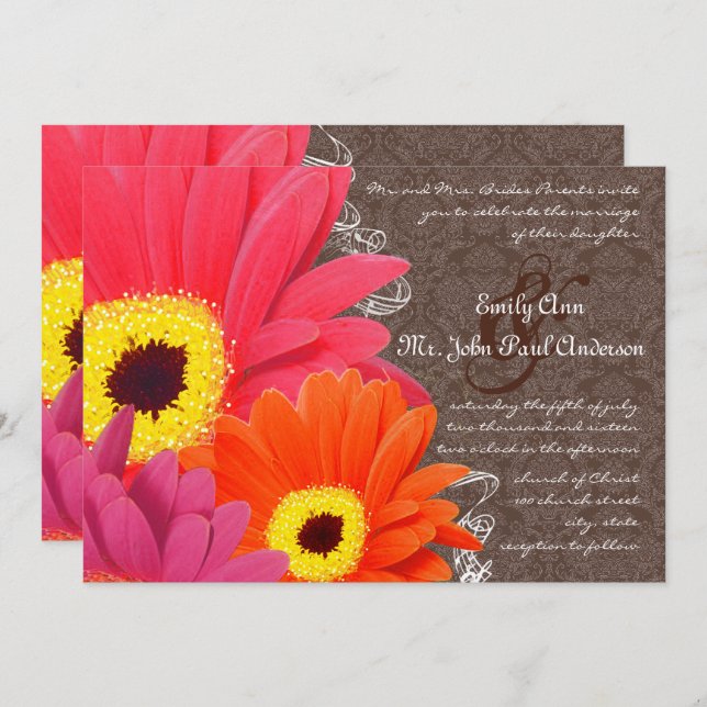 Invitation Coral romantique & Fuchsia Gerber Daisy Mariage (Devant / Derrière)