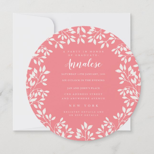Invitation Coral rose blanc Feuille Cercle Editable Party (Devant)