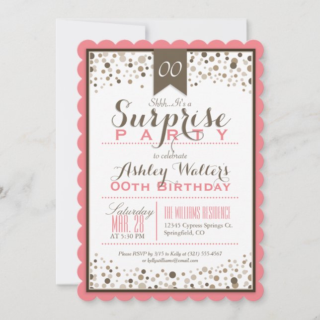 Invitation Coral rose, blanc, Taupe Surprise Party (Devant)