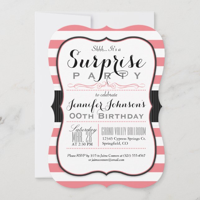 Invitation Coral rose et blanc rayures Surprise (Devant)